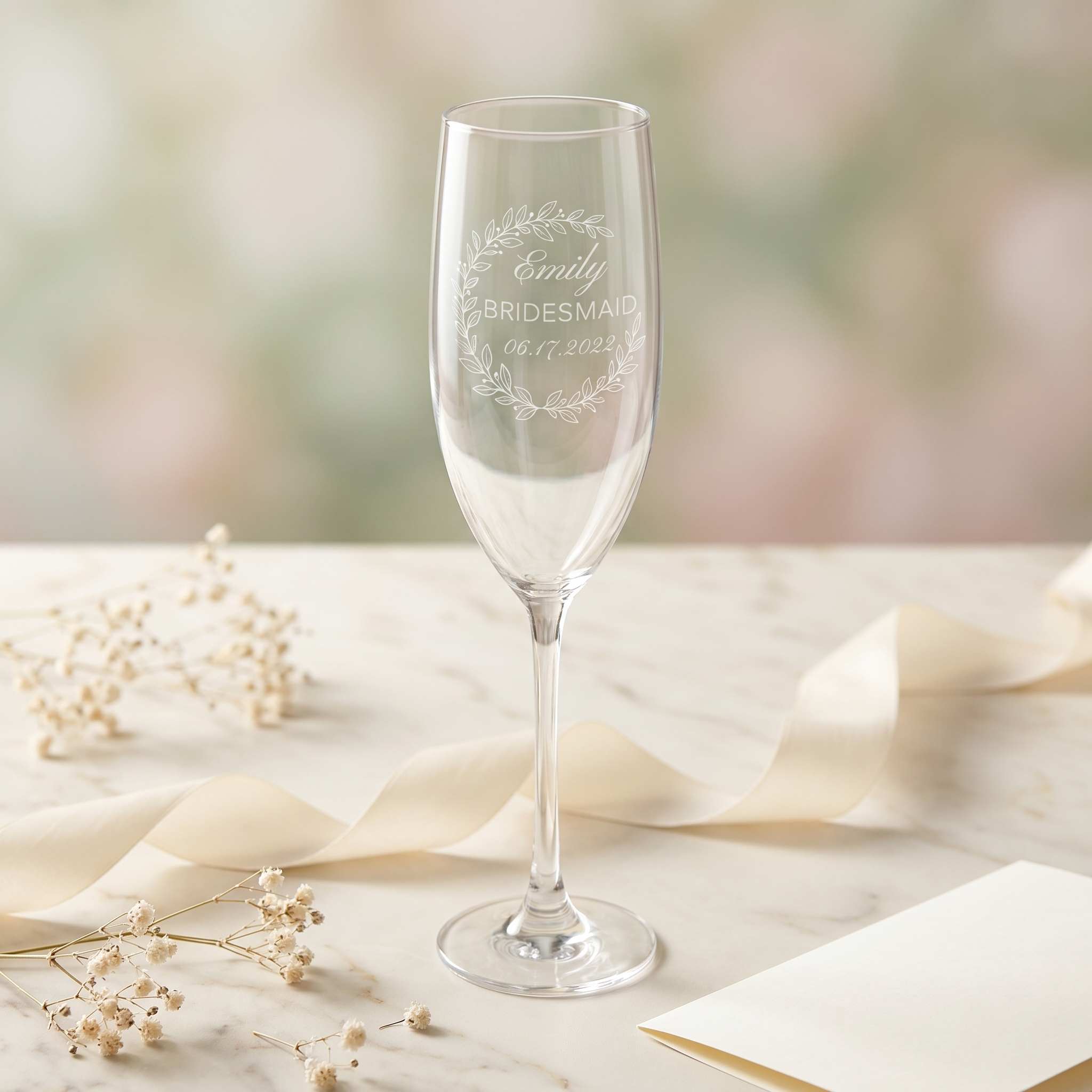 A bridesmaid proposal gift scene with flute and ribbon.