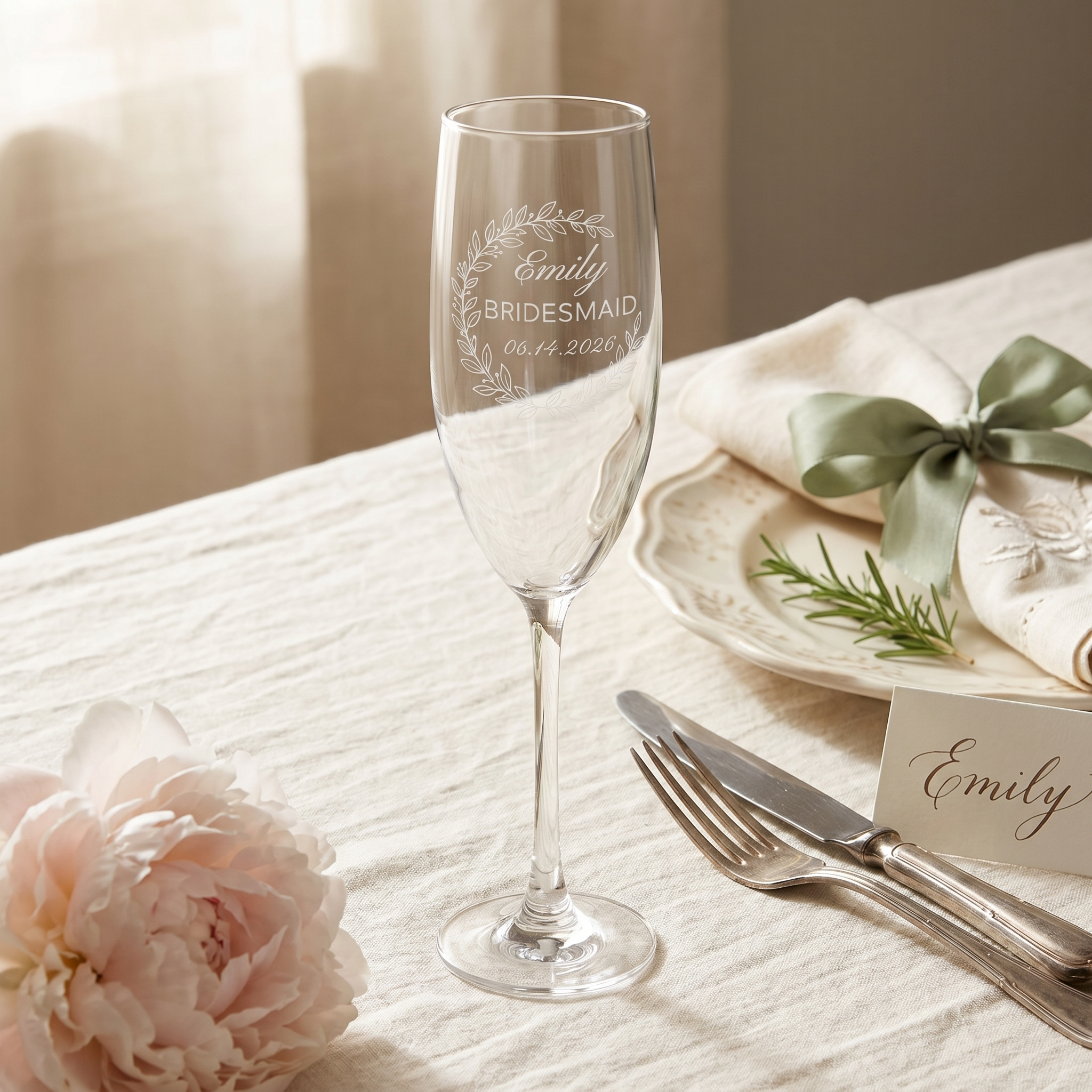 A soft cottagecore place setting with linens, a mug, and dried flowers.
