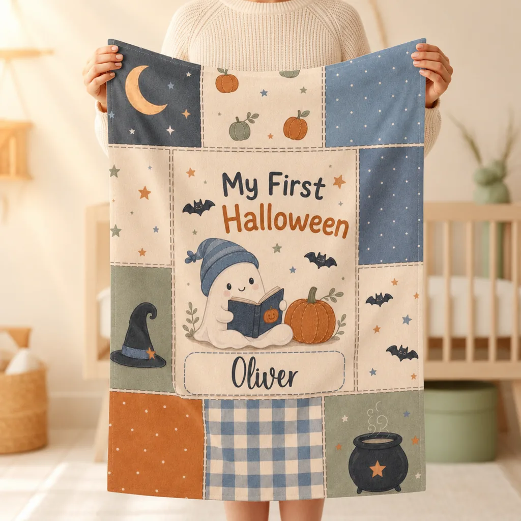 Baby's First Halloween: a personalized patchwork swaddle blanket with a little ghost reading a book, muted pumpkins and the name Oliver, held open by a mom in a cream knit sweater in a soft neutral nursery.