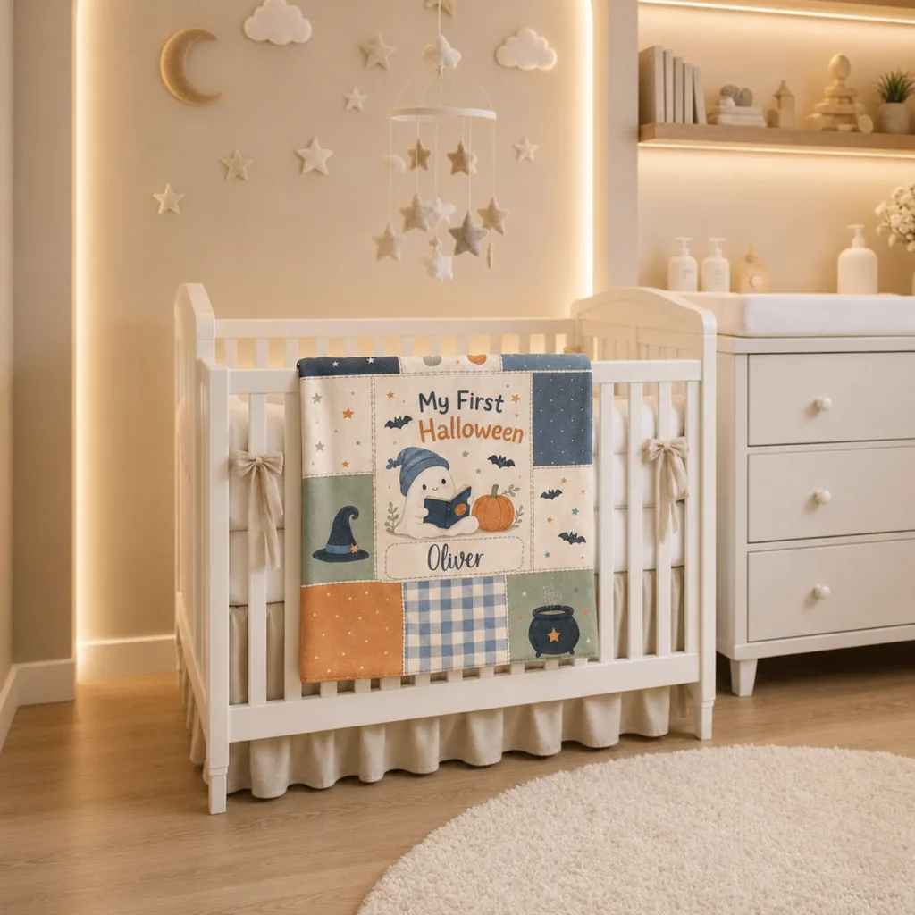 Personalized Halloween baby swaddle blanket with the name Oliver draped over a crib in a warm cream nursery with a dresser and felt star mobile — a fall baby shower gift styled in the room.
