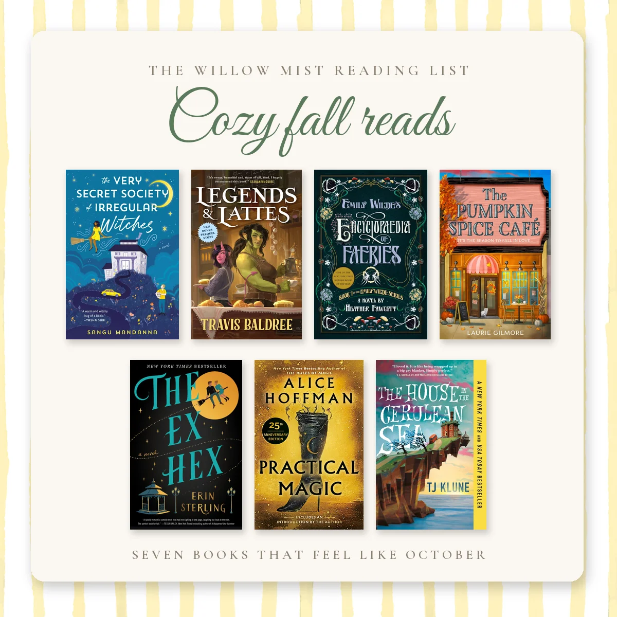Cozy fall reads — seven cozy books for October on a cream reading-list board: witchy comfort, coffee-shop fantasy and quiet magic.