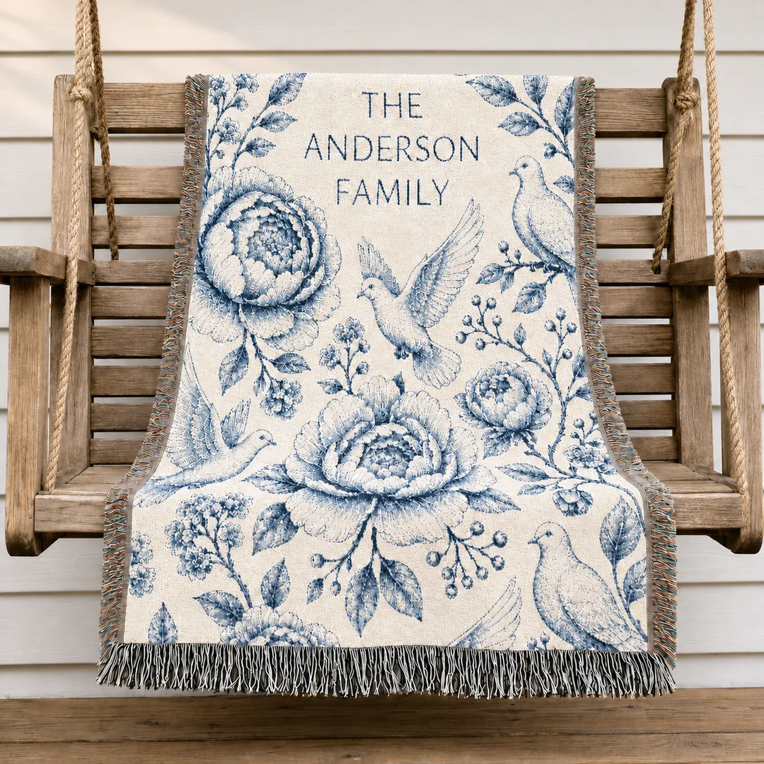 The Family Name Blanket: a personalized woven throw with vintage navy toile roses, peonies and doves, the family surname woven into cream cotton, draped over shoulders on a porch swing.
