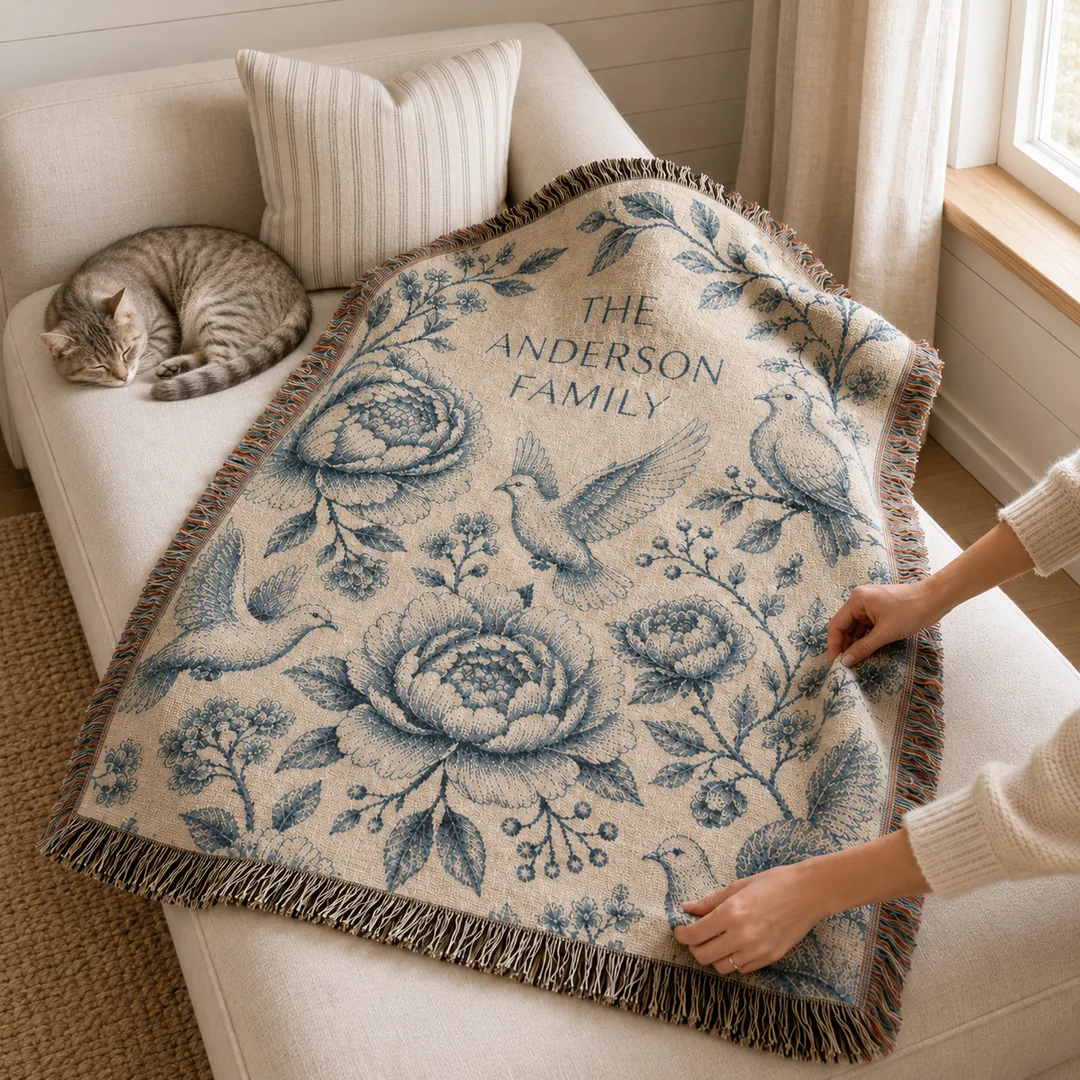 A cat curled up on the personalized family name woven blanket draped over a couch, with the vintage navy toile roses and family surname design visible in a cozy living room.