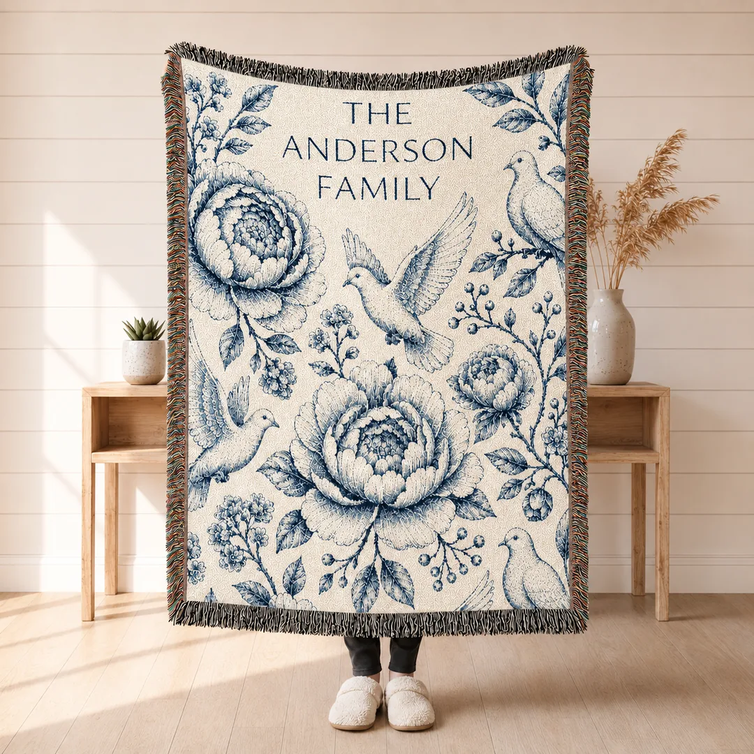 Personalized family name woven blanket held open at full scale, showing the complete vintage navy toile design with roses, peonies, doves, and the family surname woven into cream 100% cotton with a colorful fringe edge.