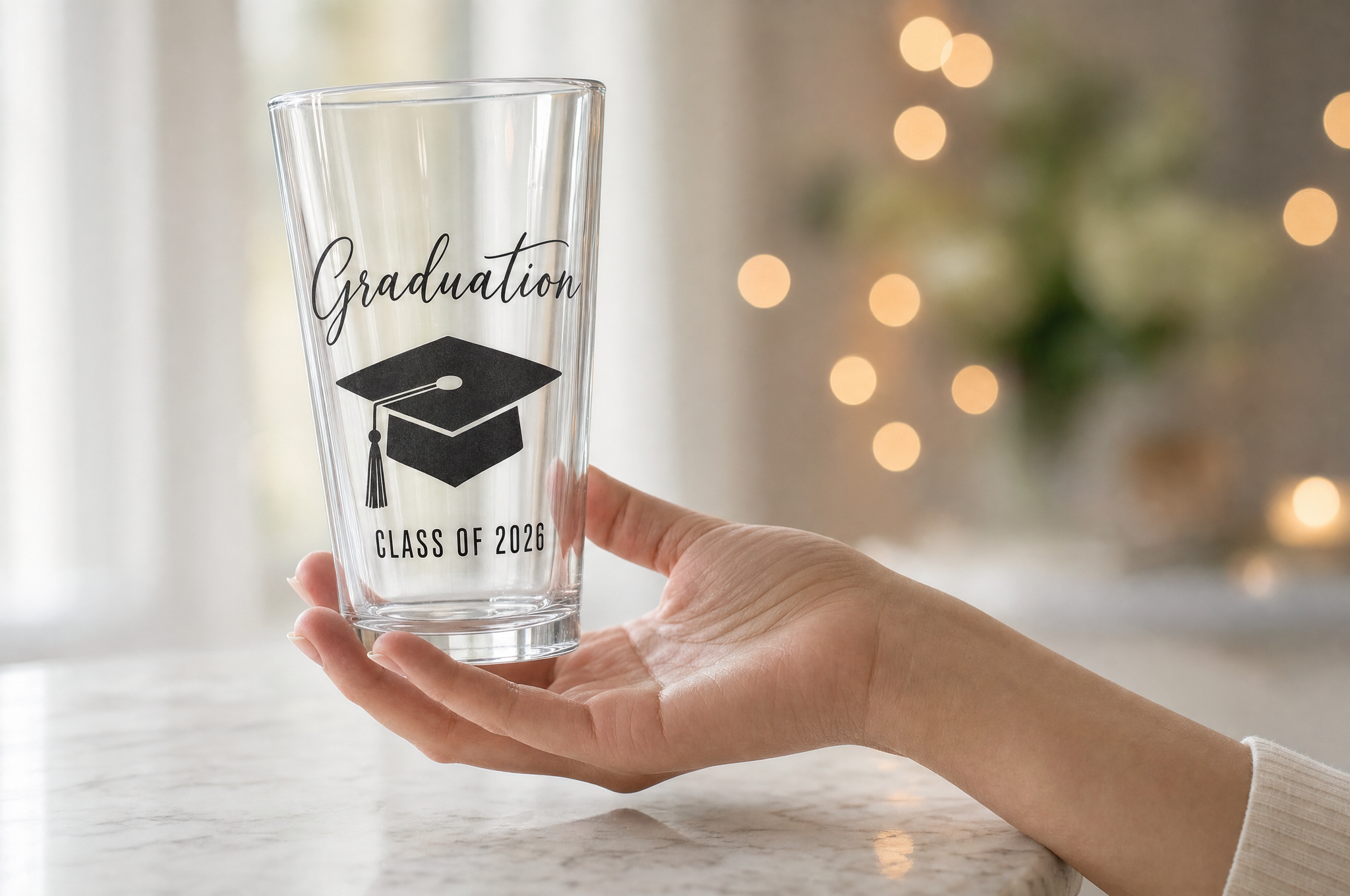 A personalized Class of 2026 graduation pint glass on a softly lit dinner table.