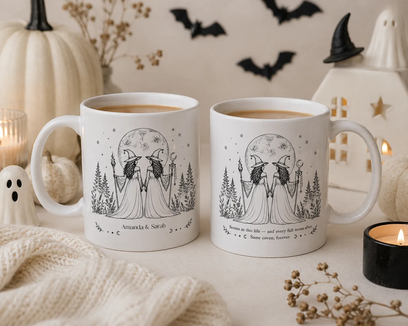Two personalized besties witch mugs side by side, each filled with coffee, styled with white pumpkins and dried florals — one mug printed with the custom names Amanda and Sarah, the other showing the printed quote.