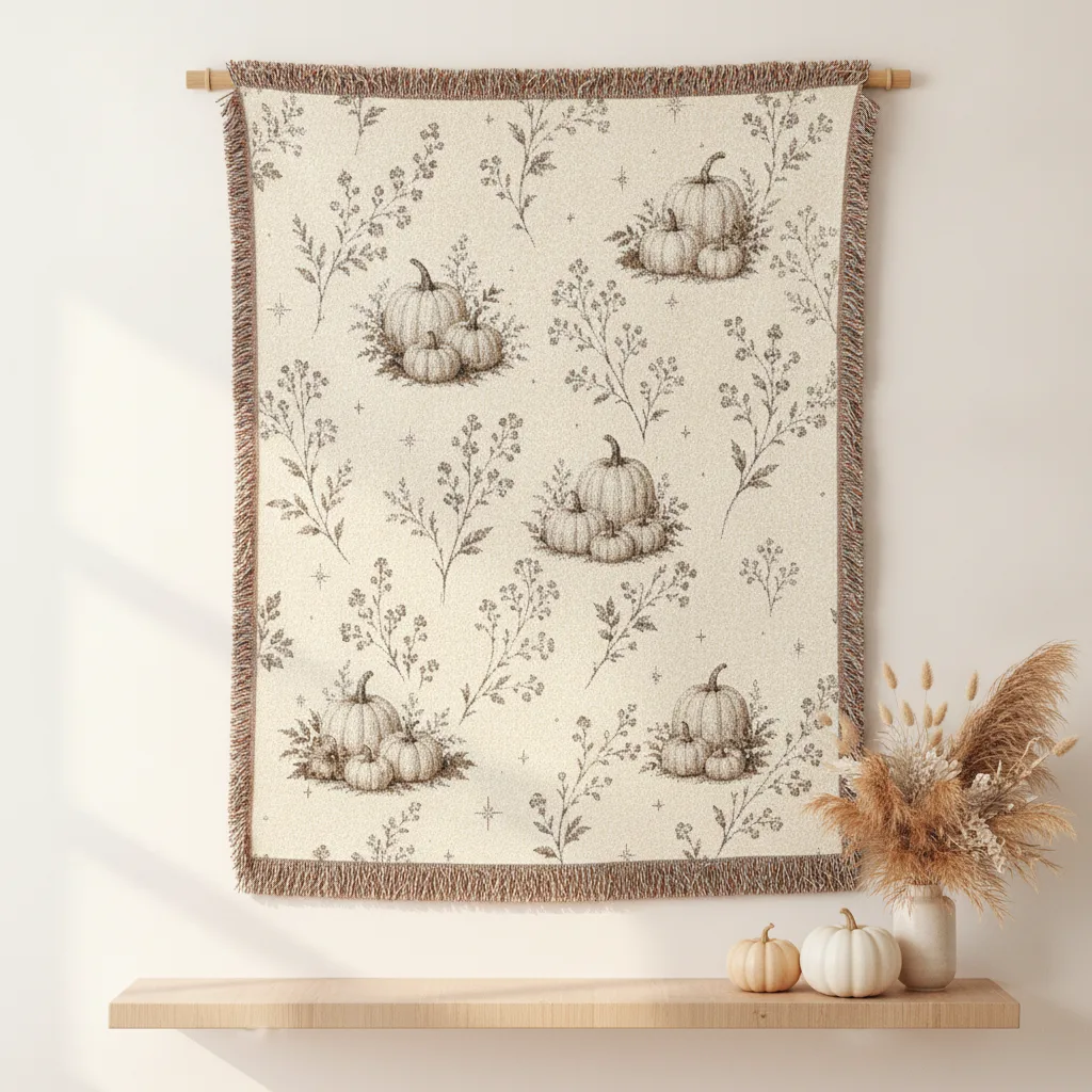 Neutral fall decor — a cream boho pumpkin woven throw blanket with sepia pumpkins and fringe, draped softly over a linen sofa in a warm, light-filled living room.