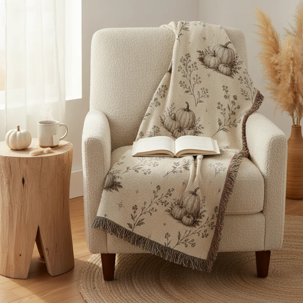 Boho pumpkin woven throw styled in a cozy reading nook — draped over an armchair beside a stack of books and a warm lamp, neutral fall decor at its softest.