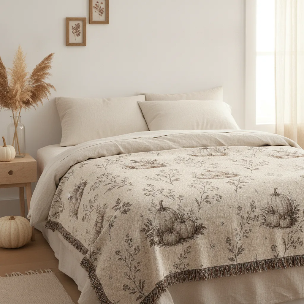 Cream pumpkin woven blanket spread across a neutral linen bed as a fall bed topper, with soft morning light — fall bedroom decor that stays through Thanksgiving.