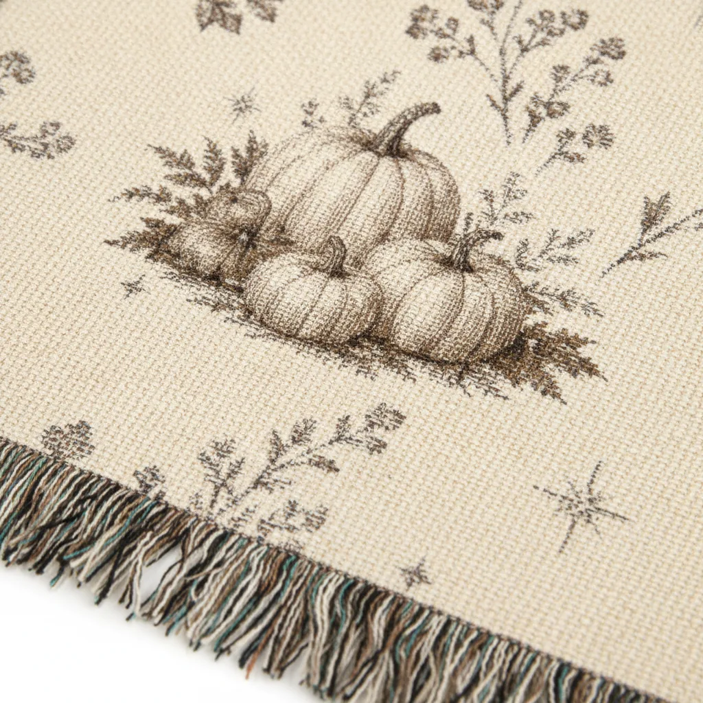 Close-up of the woven pumpkin throw's jacquard texture — sepia pumpkin and botanical threads woven into cream cotton cloth with a multicolor fringe edge.