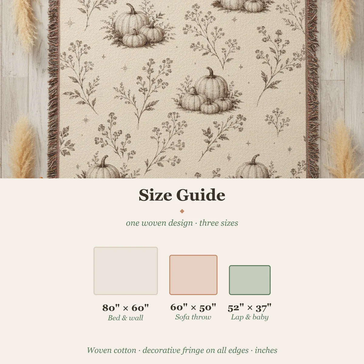 Size guide for the boho pumpkin woven blanket showing three sizes — 52 by 37 inch lap throw, 60 by 50 inch sofa throw, and 80 by 60 inch oversized bed or wall size.