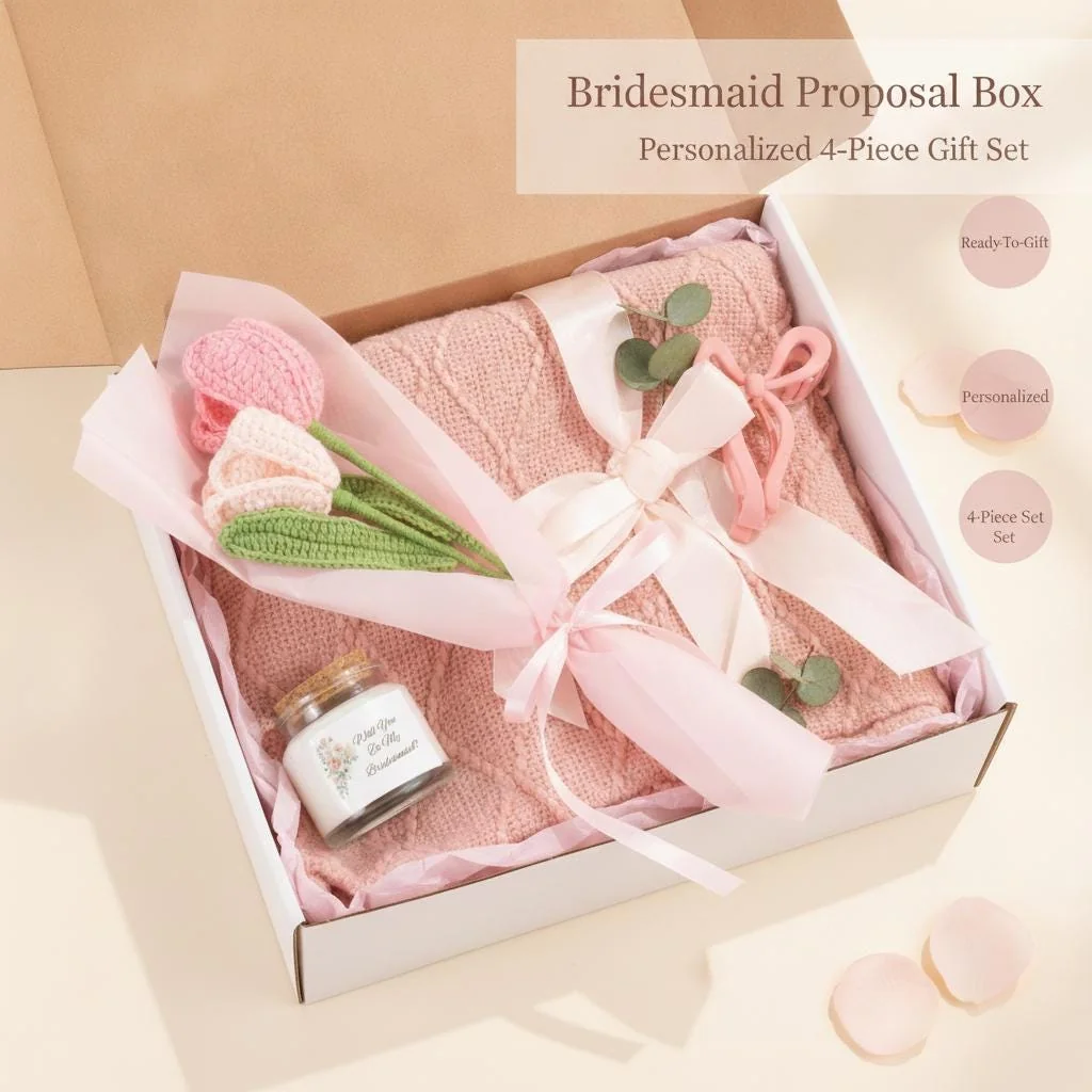What to Put in a Bridesmaid Box: a personalized Will You Be My Bridesmaid candle, blush plush blanket, crochet bouquet and satin bow in a kraft proposal box.