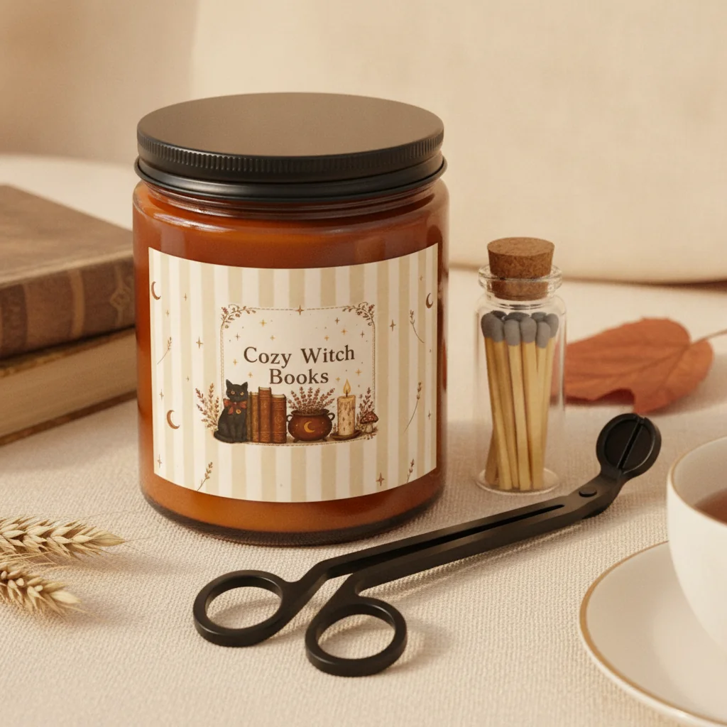 Cozy Witch Books soy candle set for book lovers — amber jar with a black cat and vintage books label, glass vial of matches and a black wick trimmer beside a tea cup.